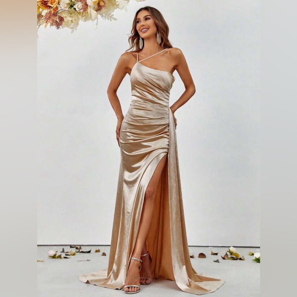 Asymmetrical Neck Ruched Split Thigh Satin Formal Dress